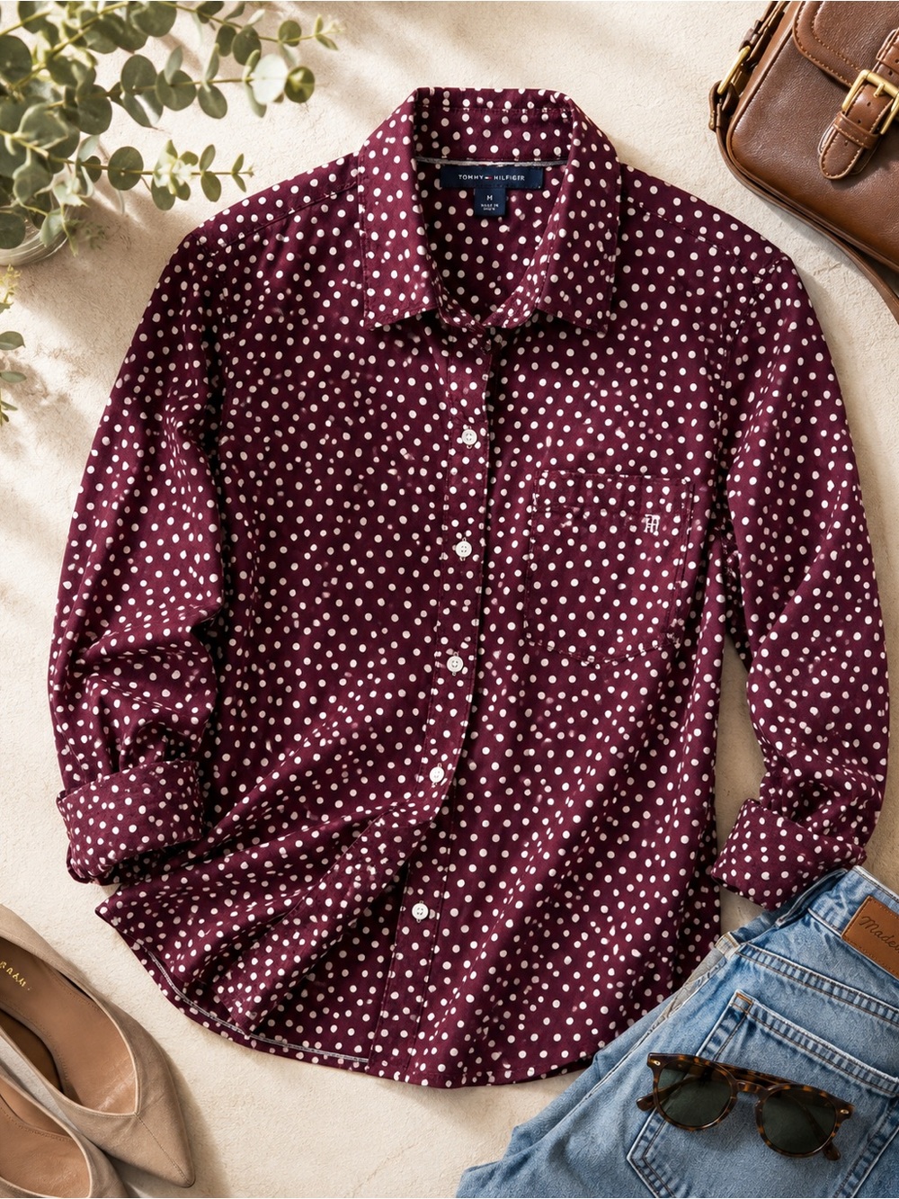 Tommy Hilfiger Women’s Polka Dot Button Down Shirt Burgundy Size M